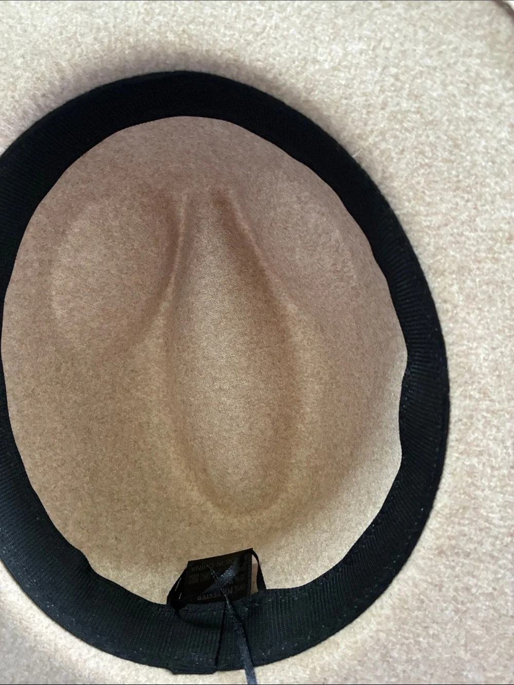 Beige Wool Blend Fedora with Black Leather Band